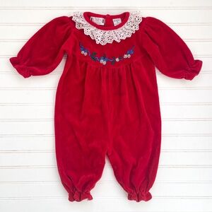 VINTAGE NORDSTROM 80s 90s EUC Girls Velour Embroidered Jingle Bells Jumpsuit